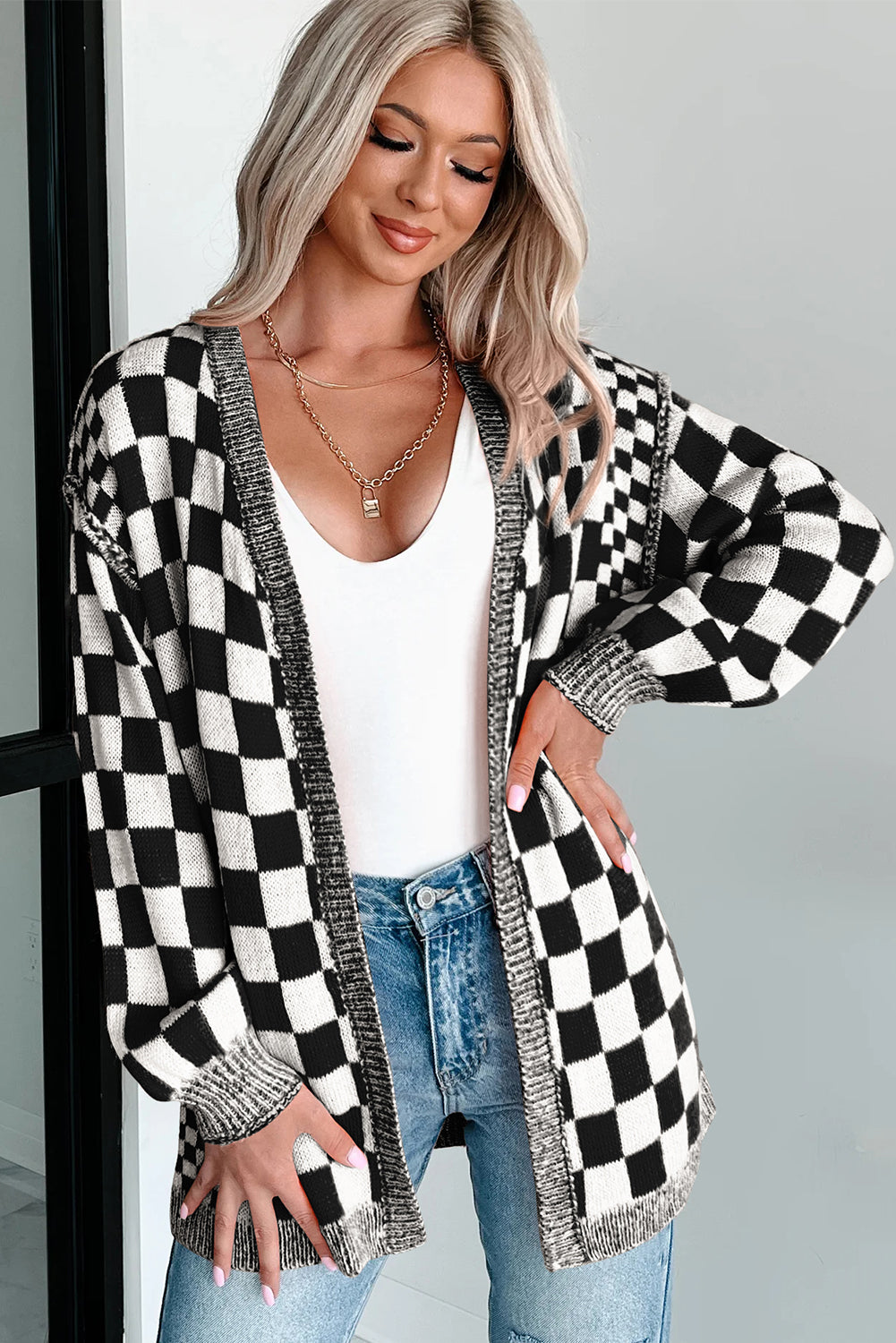 Black Checkered Open Front Drop Shoulder Cardigan Cardigans JT's Designer Fashion