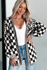 Black Checkered Open Front Drop Shoulder Cardigan Cardigans JT's Designer Fashion