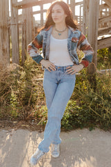 Multicolor Aztec Print Frayed Hem Denim Jacket Denim Jackets JT's Designer Fashion
