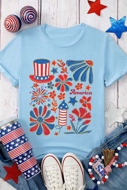 Light Blue America Floral Firework Print 4th of July T Shirt Graphic Tees JT's Designer Fashion