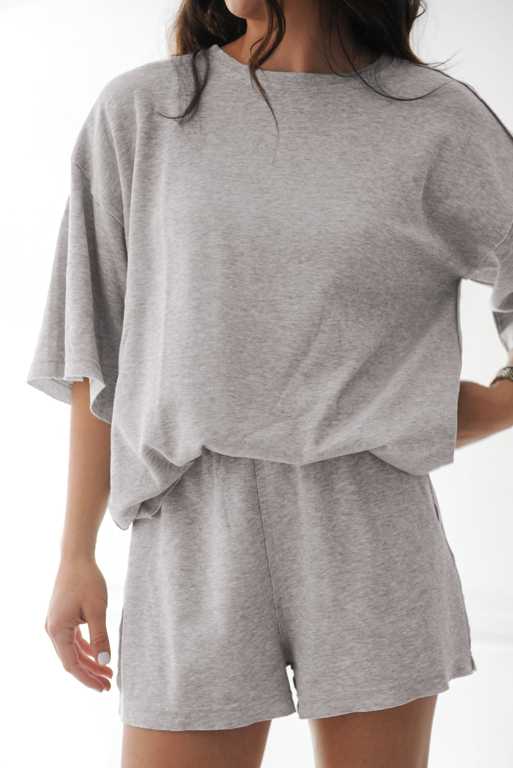 Gray Solid Color Loose Tee 2 Piece Shorts Set Short Sets JT's Designer Fashion