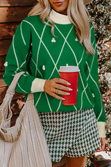 Dark Green Diamond Pattern Pom Accents Contrast Trim High Neck Sweater Sweaters JT's Designer Fashion
