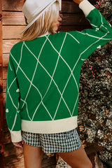 Dark Green Diamond Pattern Pom Accents Contrast Trim High Neck Sweater Sweaters JT's Designer Fashion