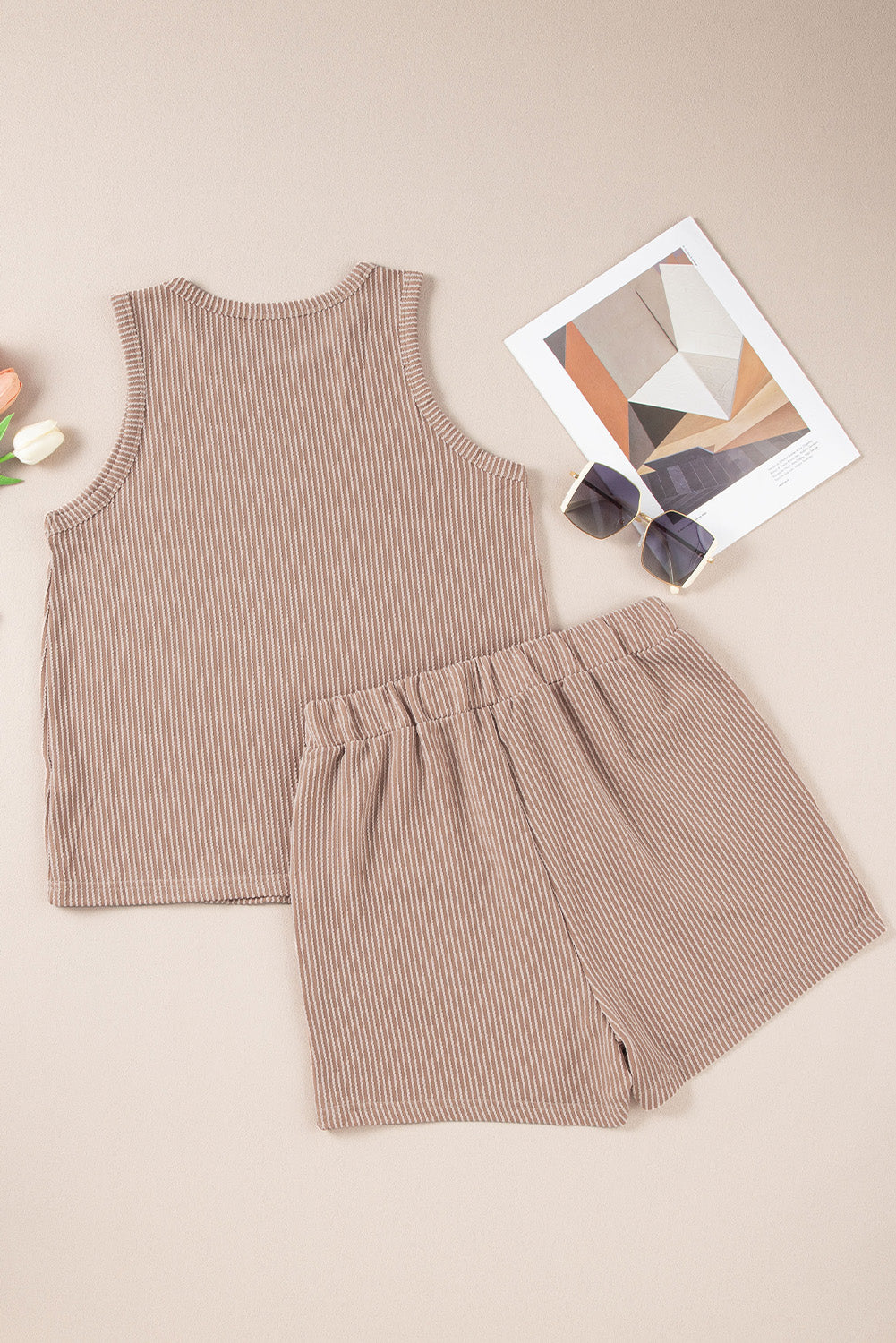 Smoke Gray Corded Sleeveless Top and Pocketed Shorts Set Short Sets JT's Designer Fashion