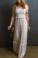 White Lace Frilly Straps Shirred Floral Maxi Dress Dresses JT's Designer Fashion