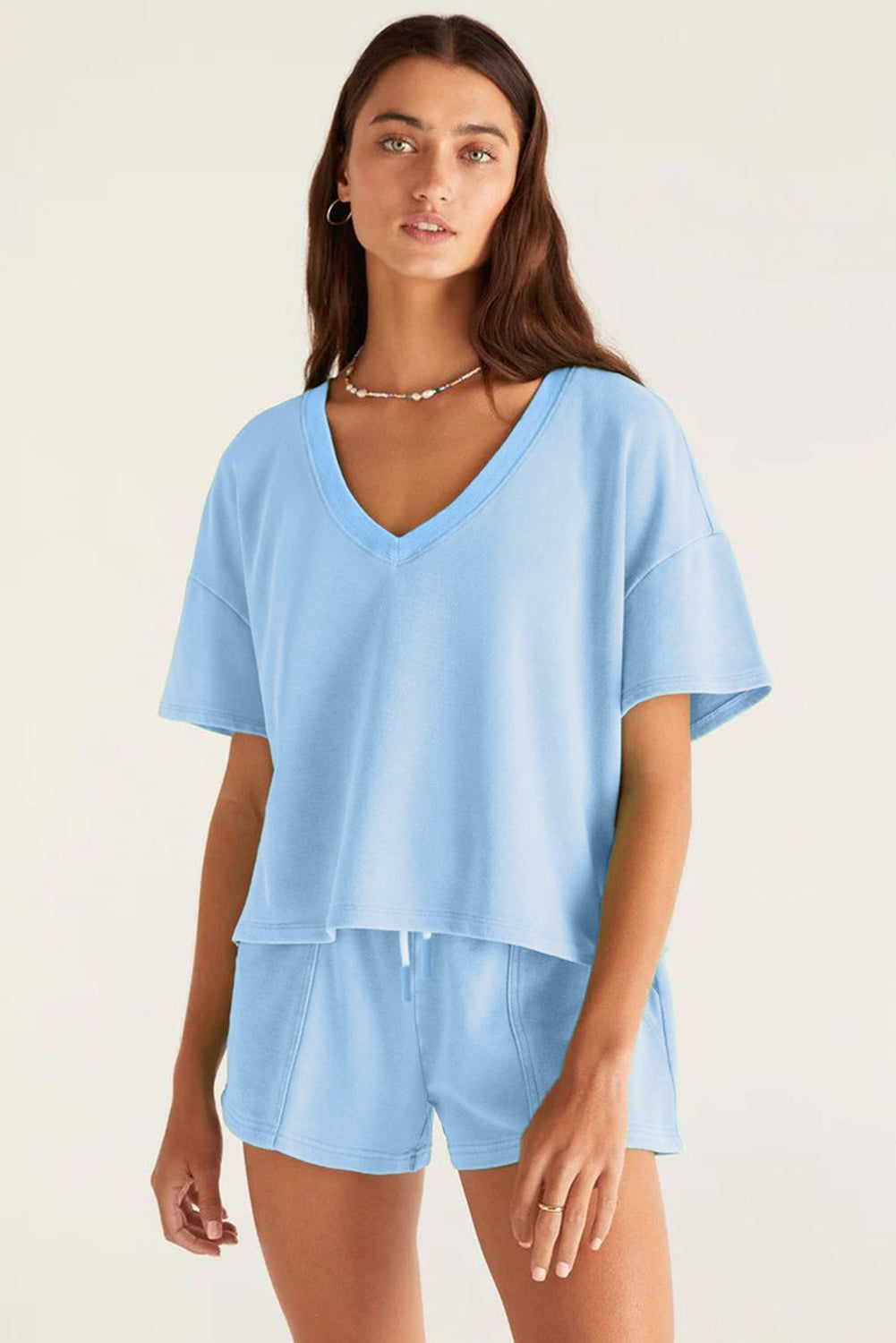 Myosotis V Neck Drop Shoulder Tee and Patchwork Drawstring Elastic Waistband Shorts Set Short Sets JT's Designer Fashion