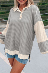 Khaki Textured Colorblock Collared Henley Top Long Sleeve Tops JT's Designer Fashion