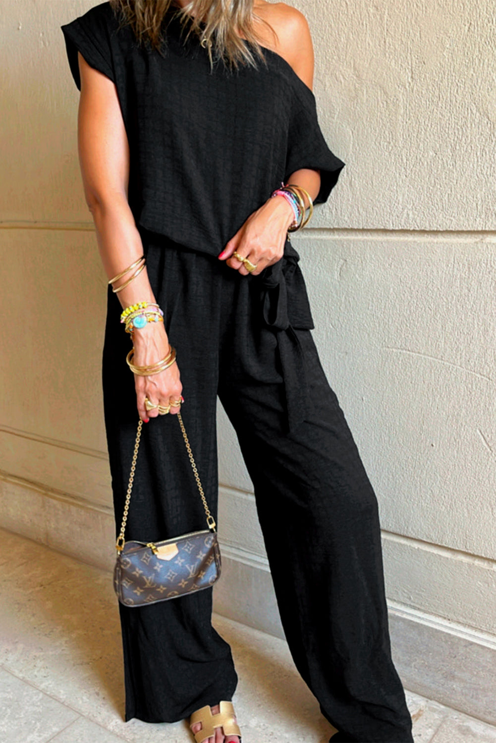Black Checkered Mesh One Shoulder Short Sleeve Knotted Waist Jumpsuit Jumpsuits & Rompers JT's Designer Fashion