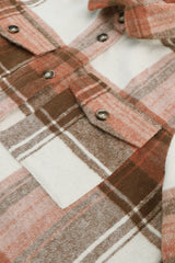 Brown Plaid Print Flap Pockets Long Shacket Plaid Shackets JT's Designer Fashion