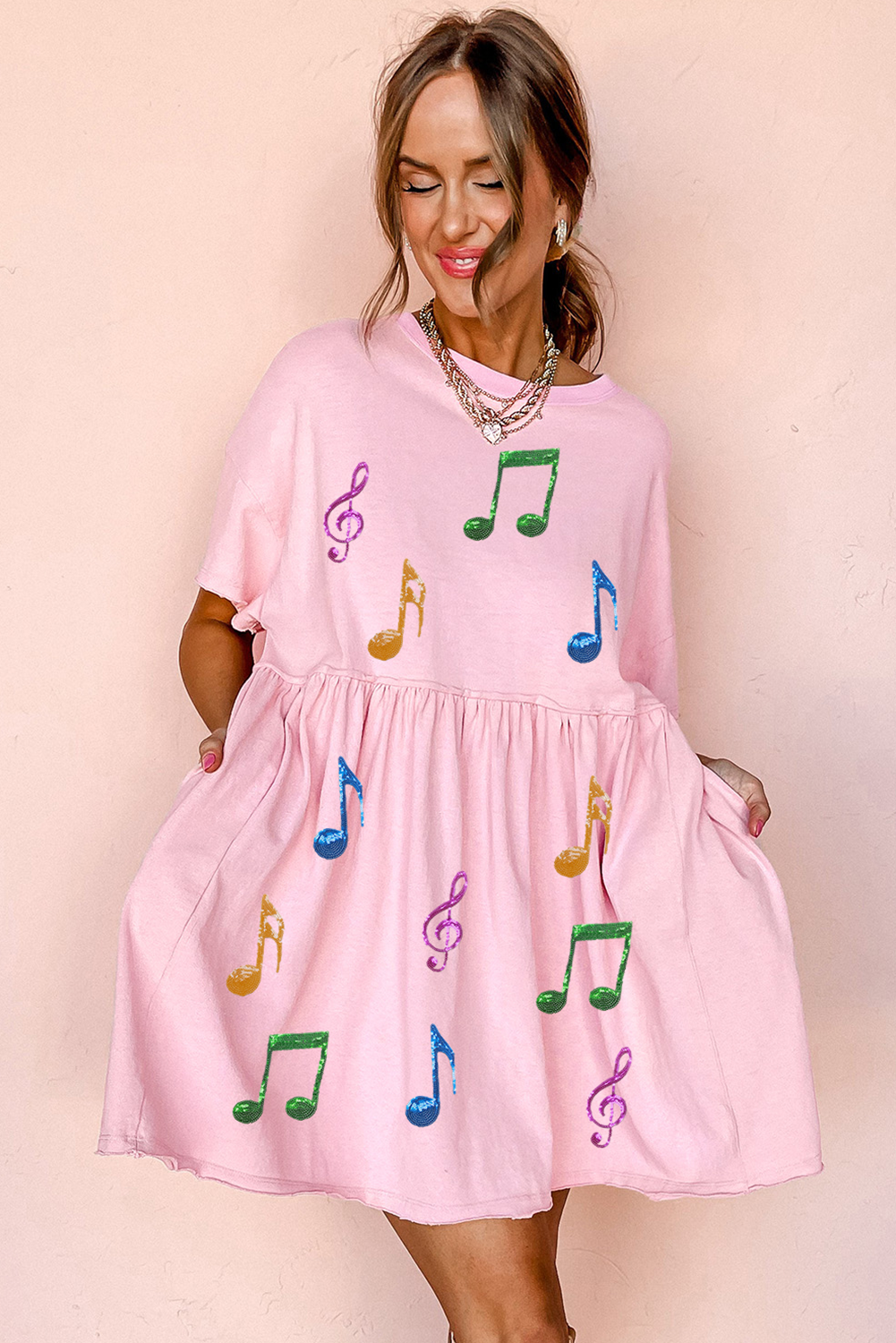 Light Pink Sequined Note Pattern Raw Edge Music Festival Babydoll T-shirt Dress Graphic Dresses JT's Designer Fashion