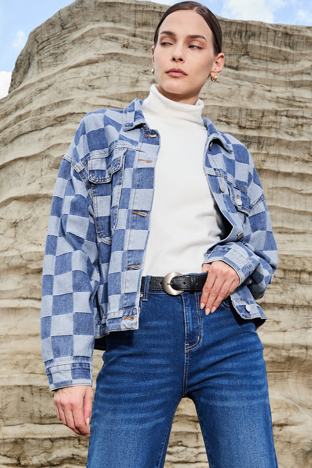 Light Blue Checkered Patchwork Button up Denim Jacket Denim Jackets JT's Designer Fashion