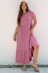 Pink Solid Color T-shirt High Waist Pocketed Long Dress Maxi Dresses JT's Designer Fashion