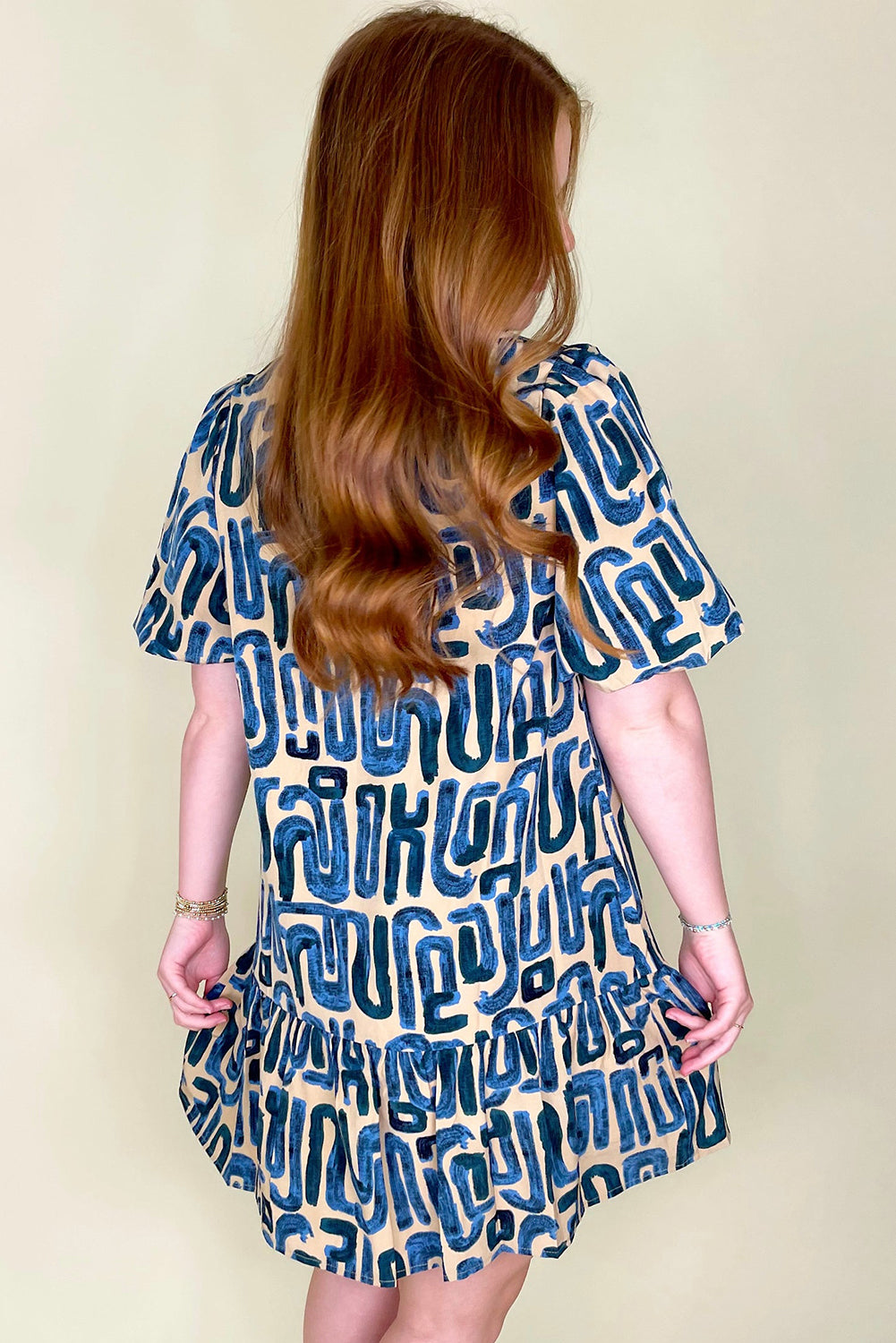 Beige Abstract Print Bubble Sleeve Button up Mini Dress Mini Dresses JT's Designer Fashion