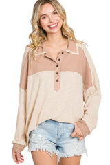 Apricot Oversized Knit Top With Waffle Contrast Long Sleeve Tops JT's Designer Fashion