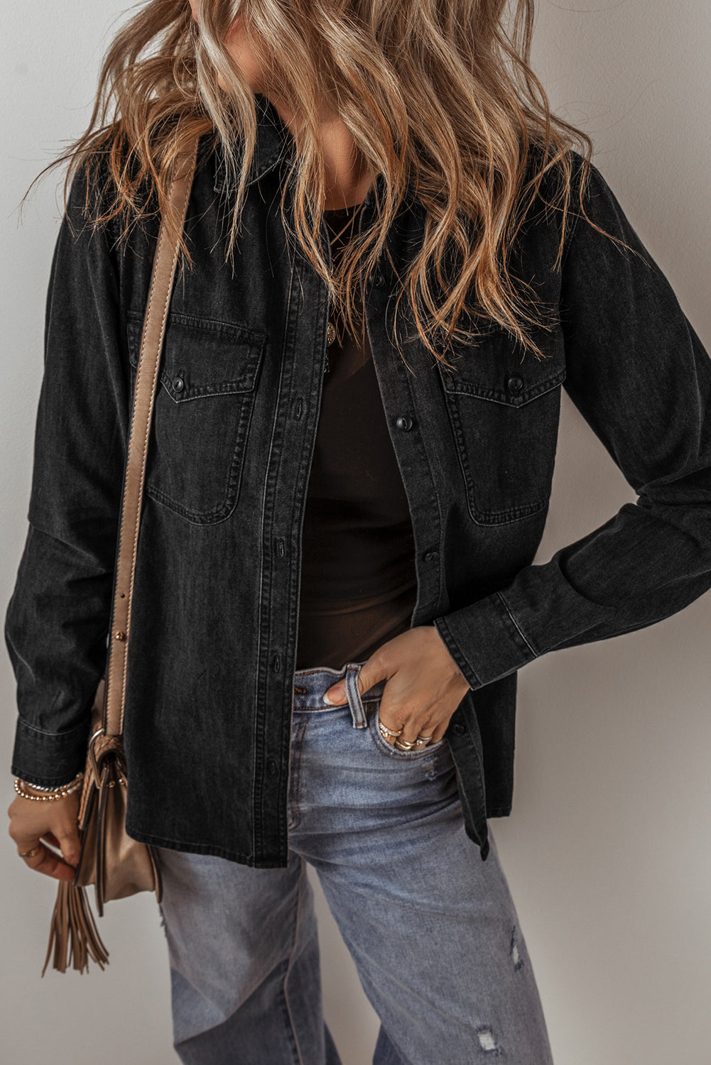 Black Flap Pocket Buttons Collared Jean Jacket Denim Jackets JT's Designer Fashion