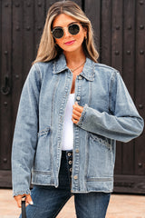 Myosotis Scallop Trim Collar Patched Pocket Button Up Denim Jacket Myosotis 75%Cotton+25%Polyester Denim Jackets JT's Designer Fashion