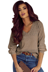 Camel Eyelet Pattern Detail V Neck Drop Shoulder Sweater Sweaters JT's Designer Fashion