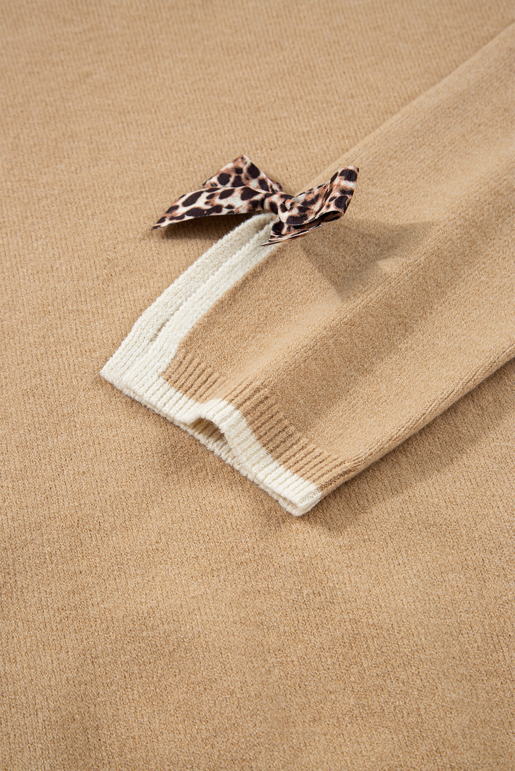 Tan Leopard Bow Decor Split Cuff Contrast Trim Sweater Sweaters JT's Designer Fashion