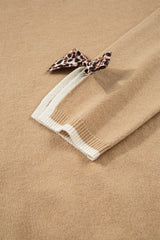 Tan Leopard Bow Decor Split Cuff Contrast Trim Sweater Sweaters JT's Designer Fashion