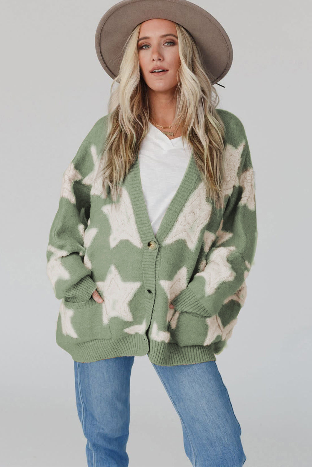 Green Sherpa Star Pattern Textured Sweater Cardigan with Pockets Cardigans JT's Designer Fashion