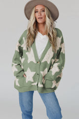 Green Sherpa Star Pattern Textured Sweater Cardigan with Pockets Cardigans JT's Designer Fashion
