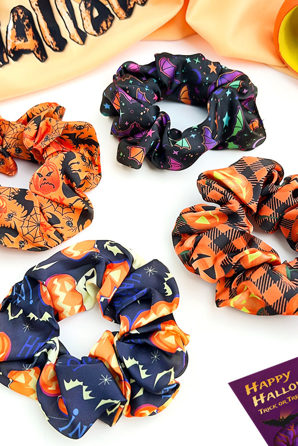 Black Halloween Pattern Print Hair Scrunchie Headwear JT's Designer Fashion