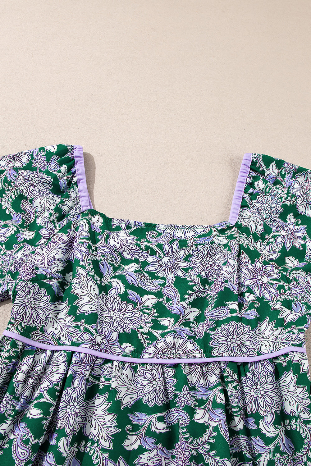 Green Floral Print Piping Trim Bubble Sleeve Square Neck Dress Floral Dresses JT's Designer Fashion