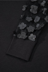 Black Flower Applique Mesh Long Sleeve V Neck Blouse Blouses & Shirts JT's Designer Fashion