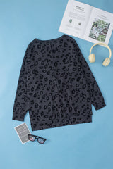 Gray Leopard Print Button Split Neck Waffle Sweatshirt Sweatshirts & Hoodies JT's Designer Fashion