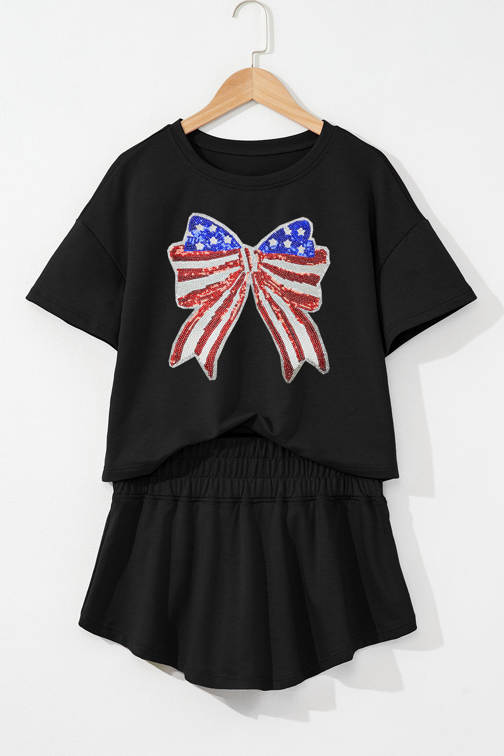 Black Sequined Flag Bow Pattern Short 2pcs Skort Set Graphic Sets JT's Designer Fashion