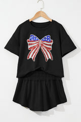 Black Sequined Flag Bow Pattern Short 2pcs Skort Set Graphic Sets JT's Designer Fashion