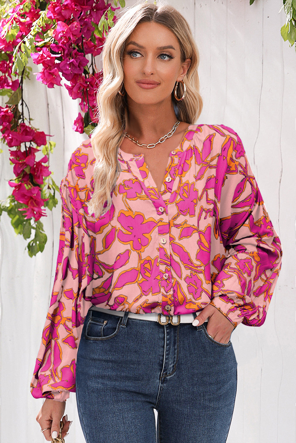Pink Floral Print Batwing Sleeve Buttoned Loose Fit Shirt Blouses & Shirts JT's Designer Fashion