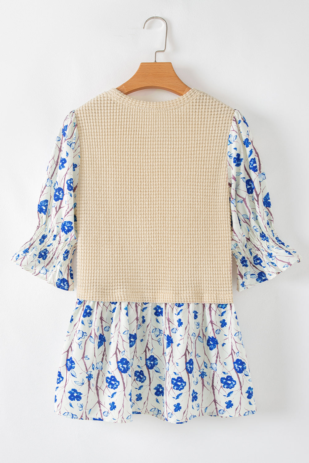 Beige Waffle Floral Patchwork Short Flounce Sleeve Peplum Blouse Blouses & Shirts JT's Designer Fashion