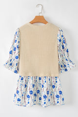 Beige Waffle Floral Patchwork Short Flounce Sleeve Peplum Blouse Blouses & Shirts JT's Designer Fashion