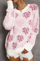 Pink Heart Leopard Print Pearled Ribbed Trim Fuzzy Sweater Sweaters JT's Designer Fashion