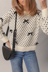 Beige Bow Decor Color Contrast Ribbed Edge Crew Neck Sweater Sweaters JT's Designer Fashion