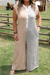 Gray Stripe Plus Size Color Block Buttoned Sleeveless Wide Leg Jumpsuit Plus Size Bottoms JT's Designer Fashion