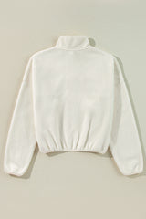White Fleece Placket Turn-down Collar Drop Shoulder Sweatshirt Sweatshirts & Hoodies JT's Designer Fashion
