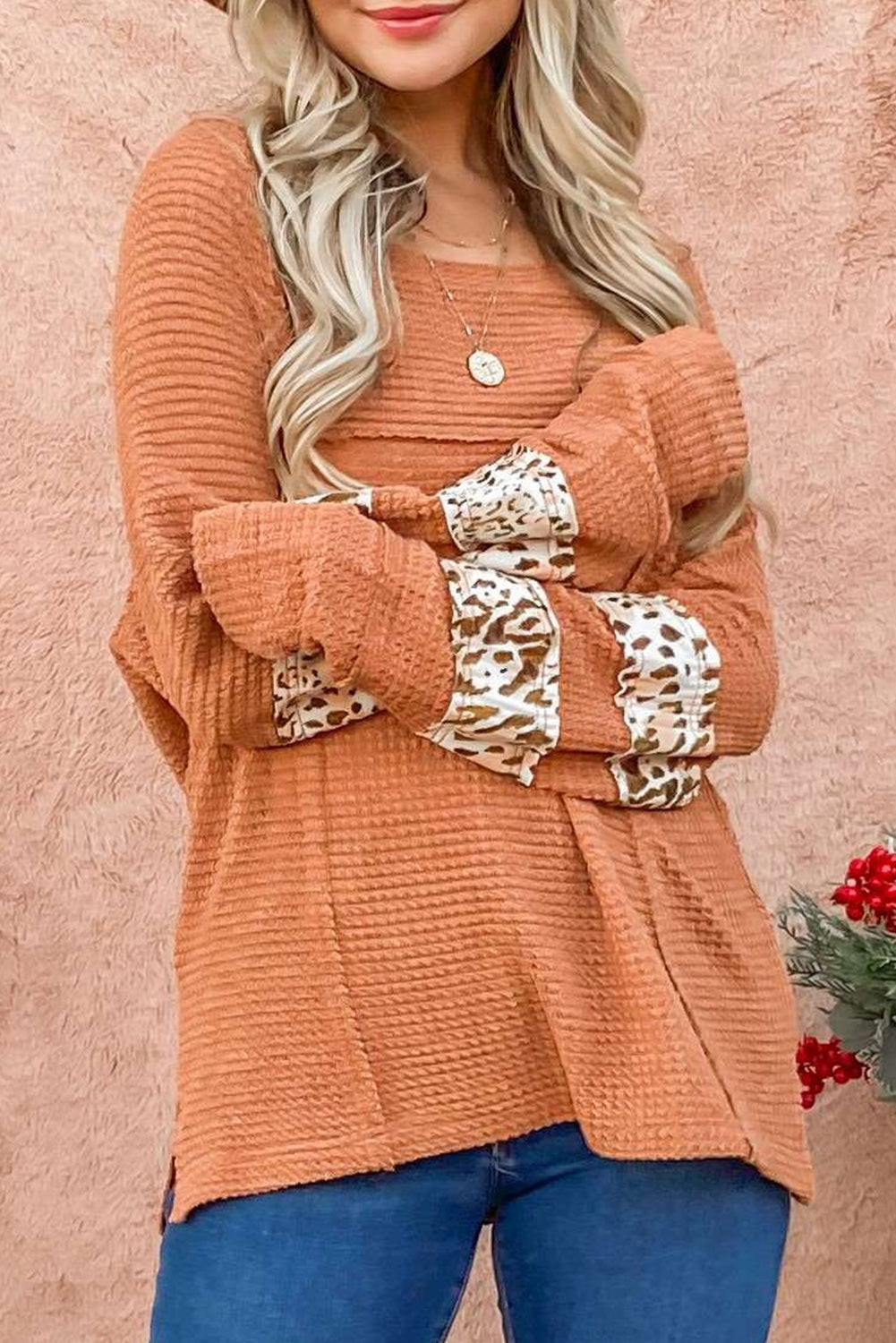 Apricot Leopard Splicing Exposed Seam Waffle Knit Top Long Sleeve Tops JT's Designer Fashion