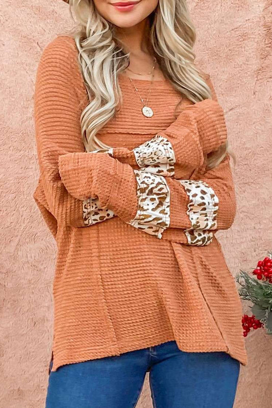 Apricot Leopard Splicing Exposed Seam Waffle Knit Top Long Sleeve Tops JT's Designer Fashion