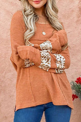 Apricot Leopard Splicing Exposed Seam Waffle Knit Top Long Sleeve Tops JT's Designer Fashion