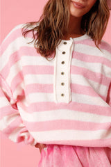 Pink Stripe Half Buttons Drop Shoulder Sweater Sweaters JT's Designer Fashion
