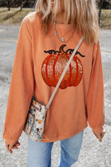 Orange Sequined Pumpkin Ribbed Round Neck Halloween Sweatshirt Graphic Sweatshirts JT's Designer Fashion