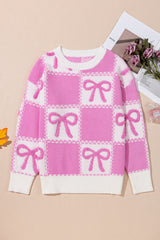 Pink Bow Knot Two Tone Checkered Crew Neck Sweater Sweaters JT's Designer Fashion