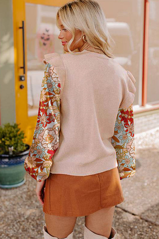Parchment Cable Knit Ruffle Detail Contrast Floral Sleeve Patchwork Sweater Sweaters JT's Designer Fashion