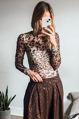 Brown Leopard Round Neck Long Sleeve Slim Top Long Sleeve Tops JT's Designer Fashion