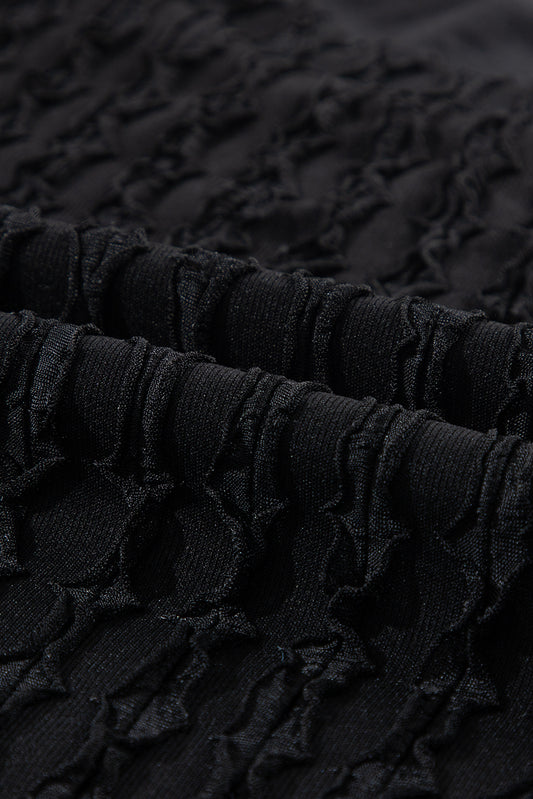 Black Frill Textured Short Sleeve Top and Drawstring Shorts Set Short Sets JT's Designer Fashion