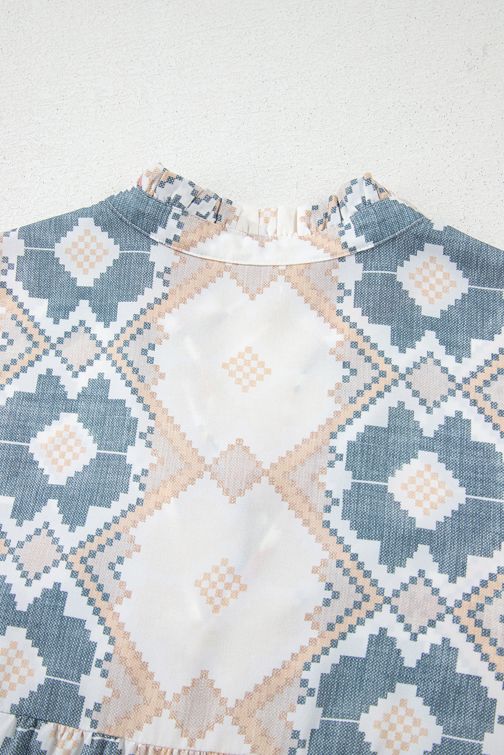 Khaki Geometric Print Tassel Tie Split Neck Balloon Sleeve Blouse Blouses & Shirts JT's Designer Fashion