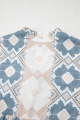 Khaki Geometric Print Tassel Tie Split Neck Balloon Sleeve Blouse Blouses & Shirts JT's Designer Fashion