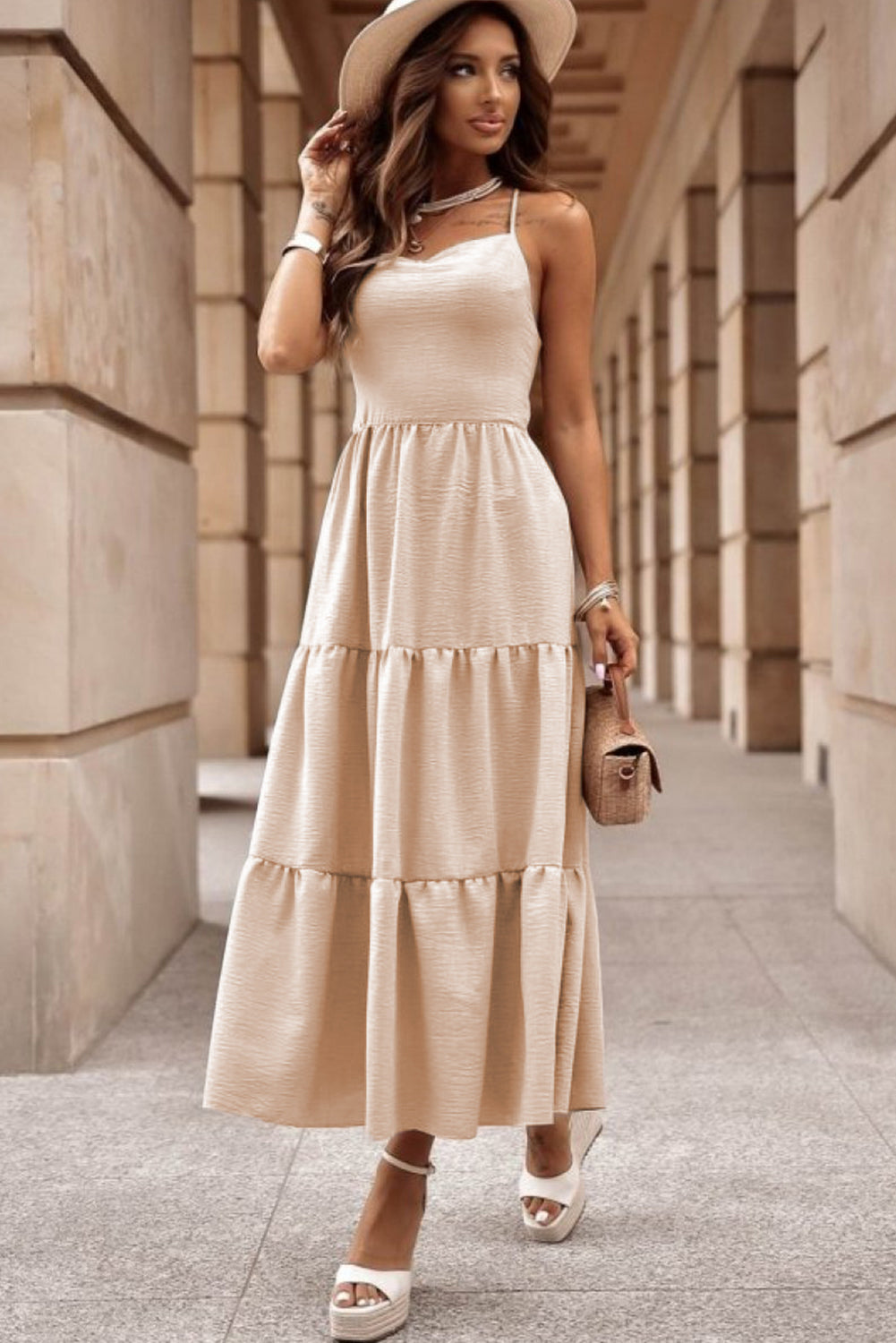Oatmeal Crossover Backless Bodice Tiered Maxi Dress Dresses JT's Designer Fashion